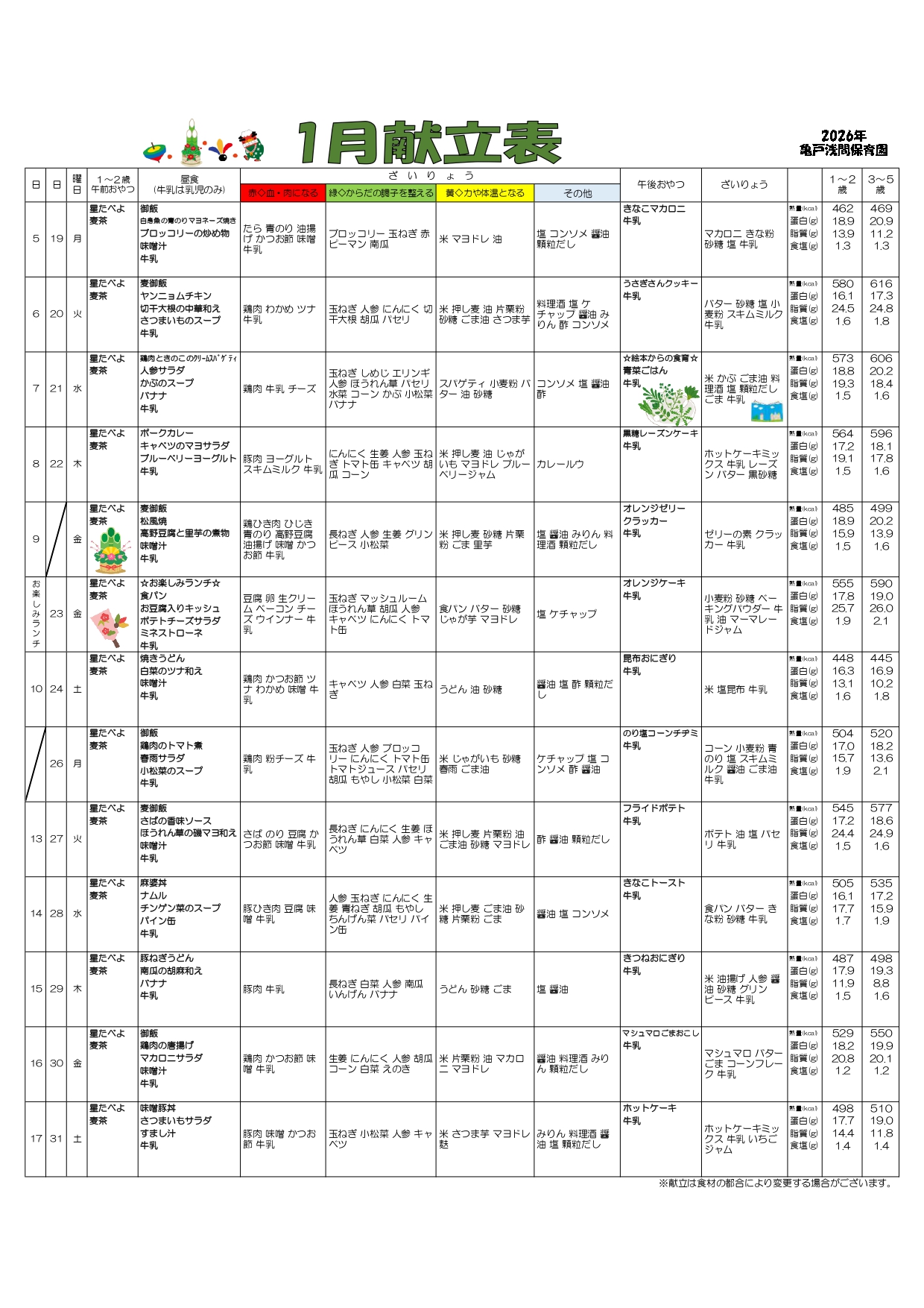 １月のメニュー